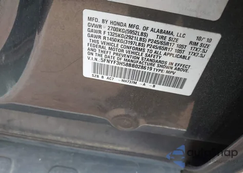 2011 Honda Pilot Ex-L z USA, uszkodzony, nr VIN 5FNYF3H58BB028619